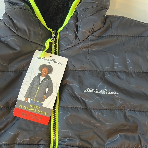 Eddie Bauer Reversible Fuzzy Fleece Jacket Black Neon Yellow Trim Medium 10-12 - Picture 6 of 15
